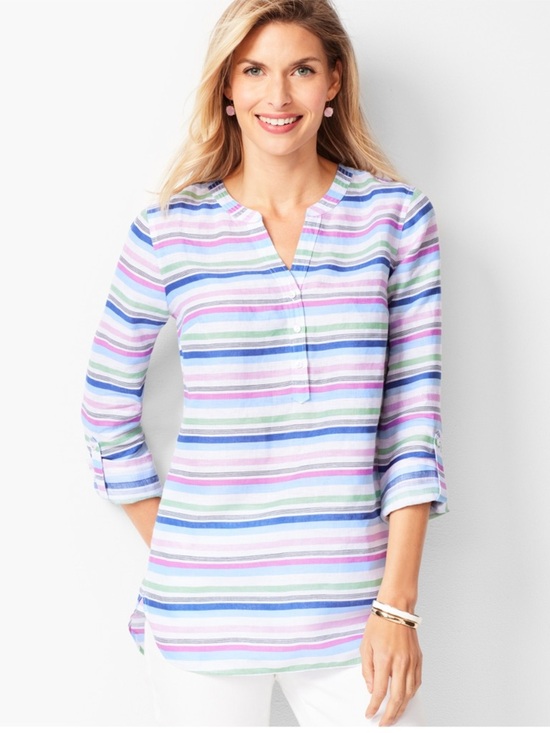 Talbots Tops - Talbots Stripe Linen Camp Shirt with Roll Tab Long Sleeve Size Large